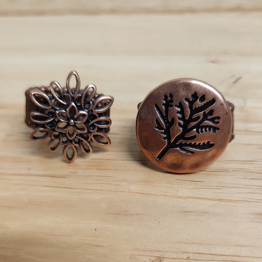 Copper Floral and Tree Of Life  Design Ring Set 2 Stretchy New